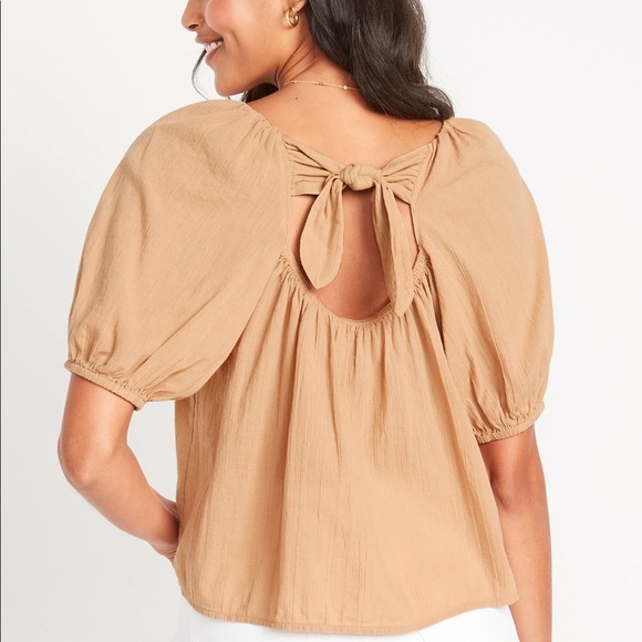 Puff-Sleeve Cutout Tie-Back Swing Blouse - Picture 2 of 5